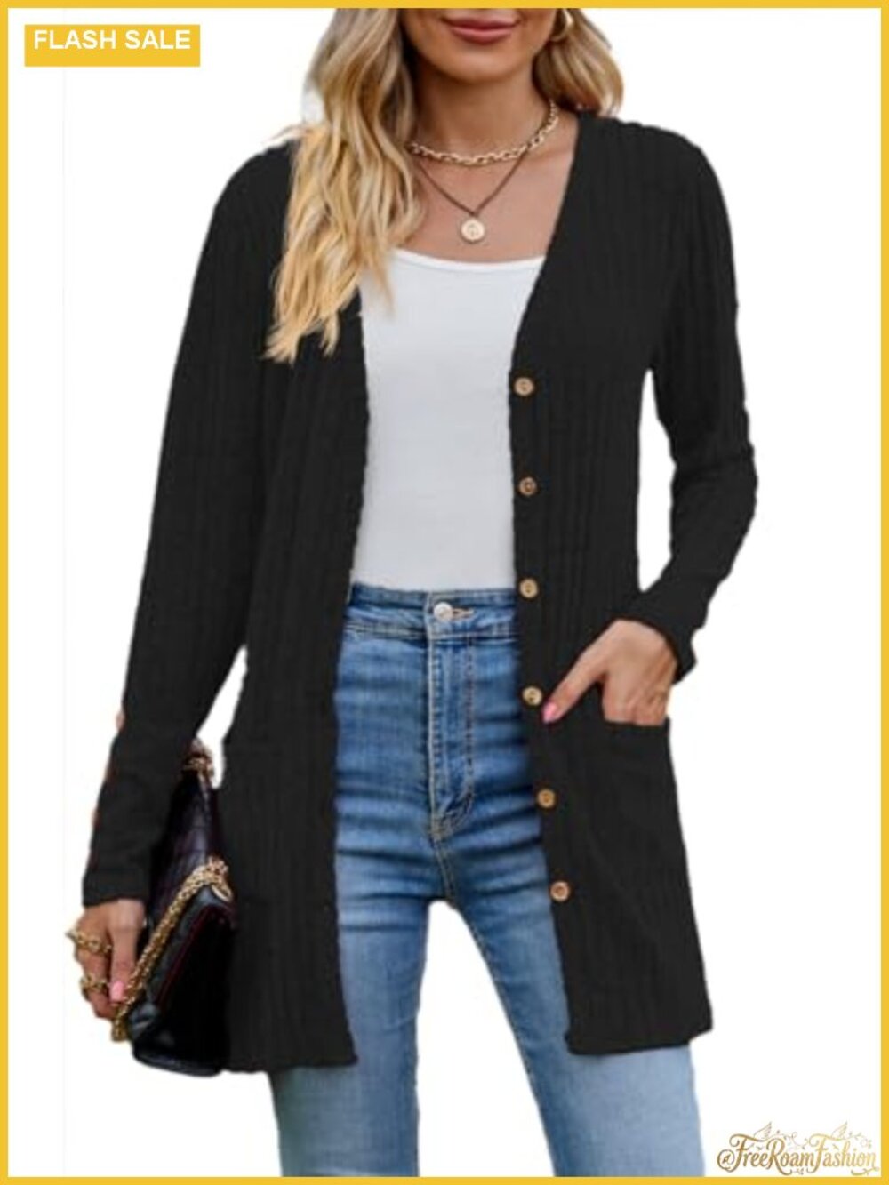 Women's Lightweight Open Front Button Cardigan Sweater with Pockets Long Sleeve
